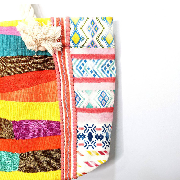 Casey Key Beaded Cotton Boho Bright Rainbow Multicolor Rope Tote Bag Purse - Picture 6 of 12